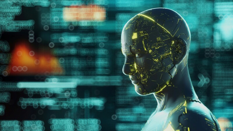 Seitenansicht eines futuristischen humanoiden Roboters mit leuchtenden Schaltkreisen vor digitalem Hintergrund.