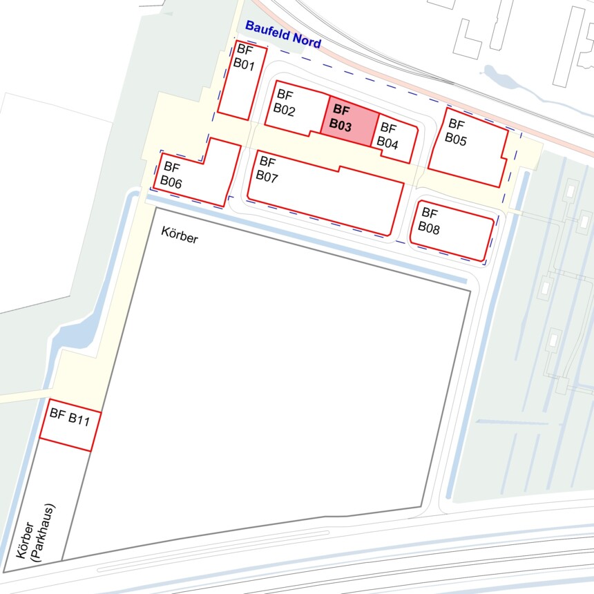 Site plan of the development plots in the Bergedorf Innovation Park – development plot B03 is highlighted in red