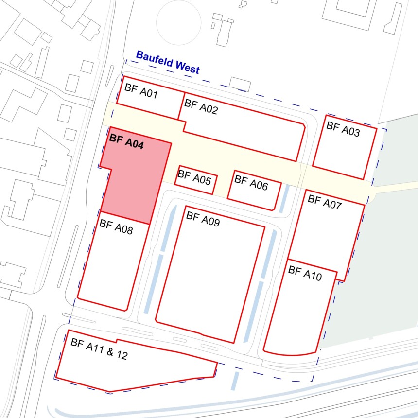 Site plan of the development plots in the Bergedorf Innovation Park – development plot A04 is highlighted in red
