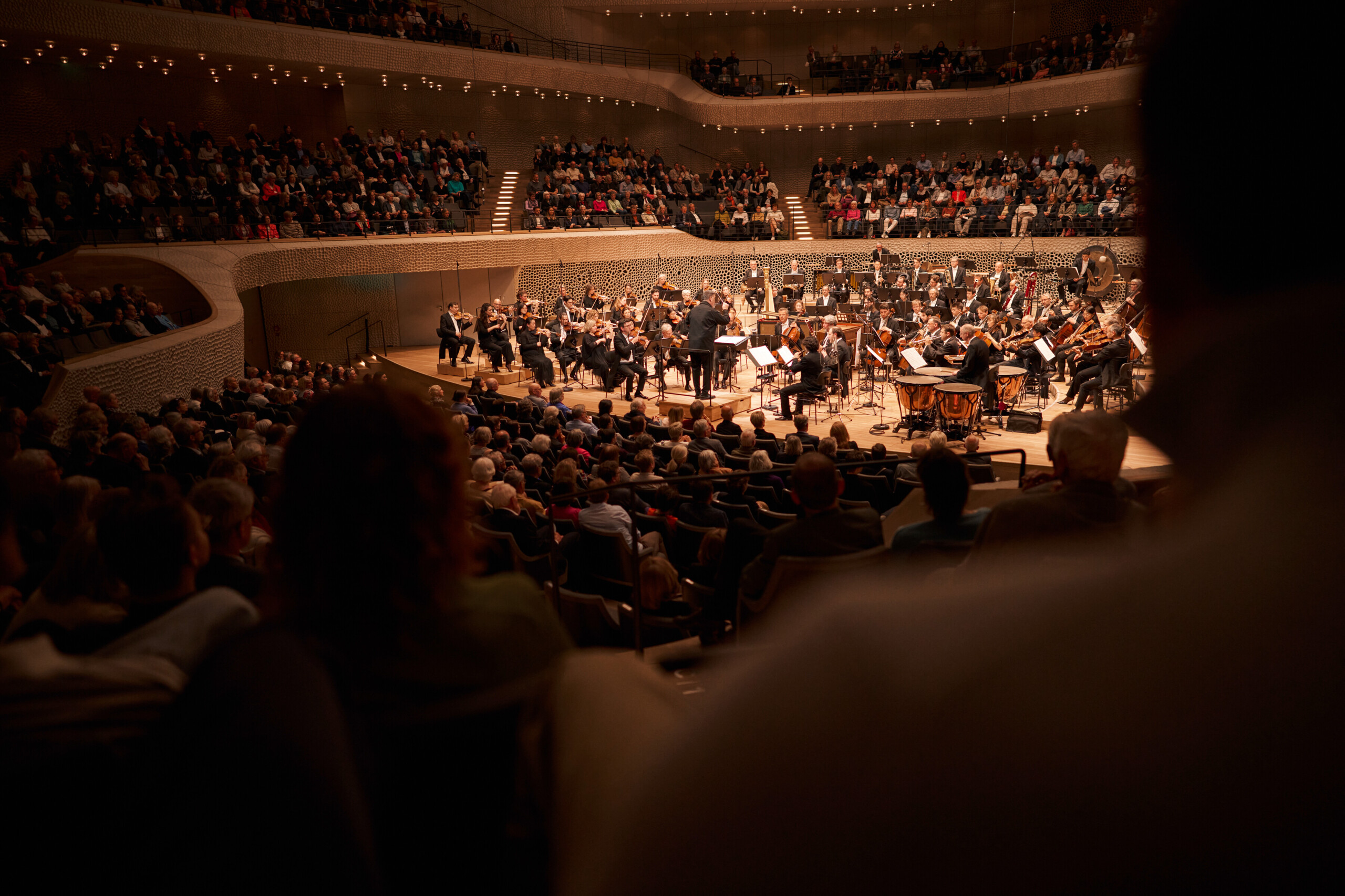 Volles Konzertpublikum hört aufmerksam einem Orchester im modernen Konzertsaal der Elbphilharmonie zu.