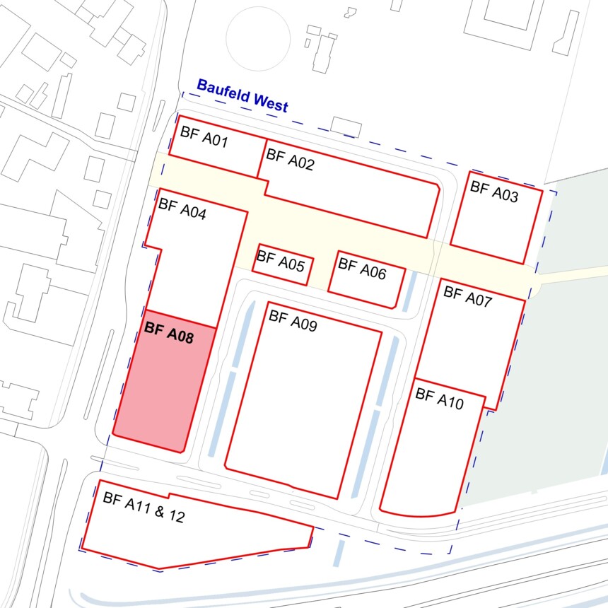 Site plan of the building plots in the Bergedorf Innovation Park – Building plot A08 is highlighted in red