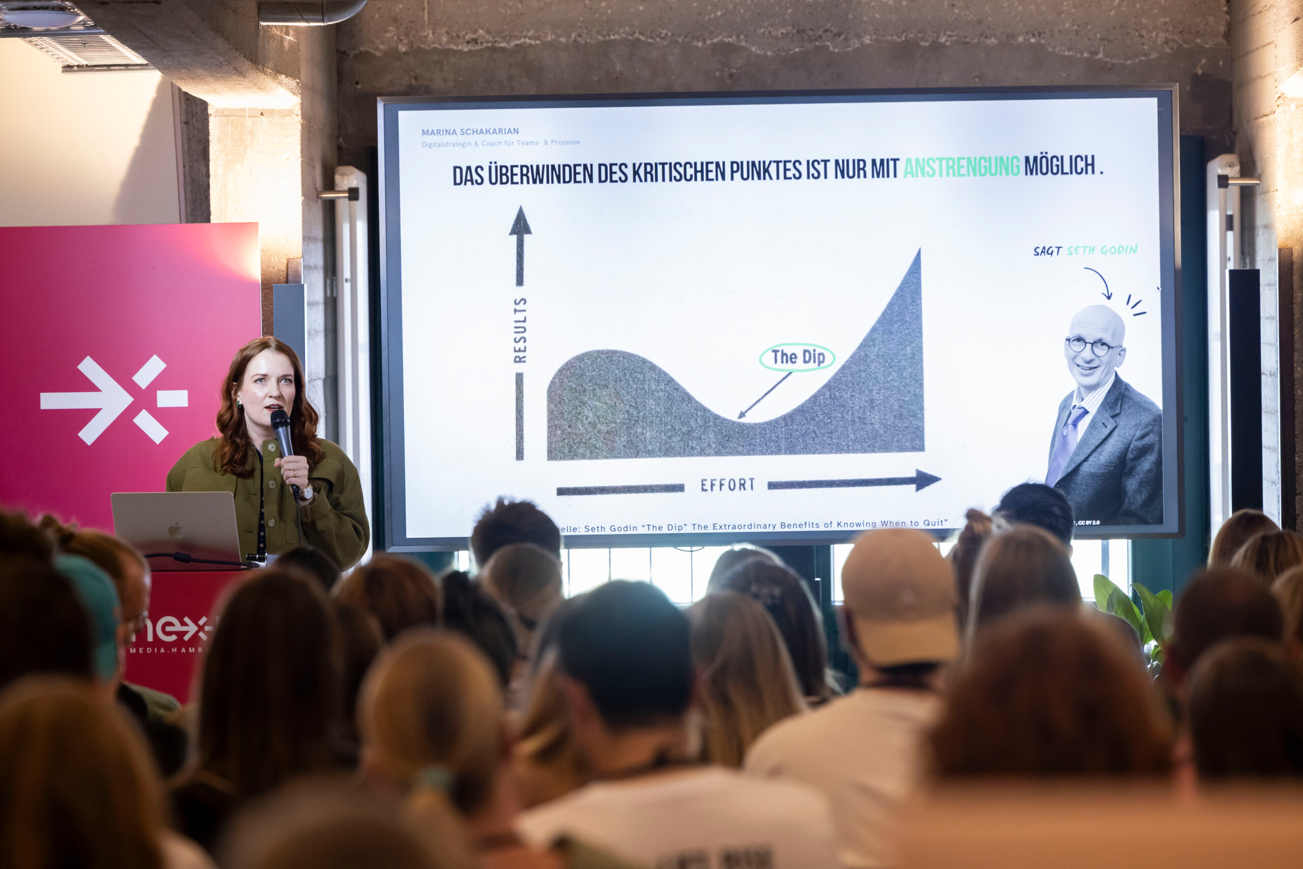 Frontansicht von Nina Schakarian bei ihrem Vortrag, links im Bild ist sie zu sehen, rechts von ihr eine Folie ihrer Präsentation. Darauf zu sehen ist eine Grafik, die den Erfolg und den Aufwand eines Projekts auf zwei Achsen darstellt. Der Graph steigt zunächst, fällt dann in ein Loch und steigt danach noch stärker. Das Loch ist als „Dip“ beschriftet. Überschrift der Folie: „Das Überwinden eines kritischen Punktes ist nur mit Anstrengung möglich“