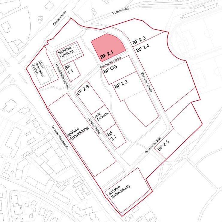 Karte mit den verschiedenen Baufeldern im Innovationspark Altona - Baufeld 2.1 rot hervorgehoben