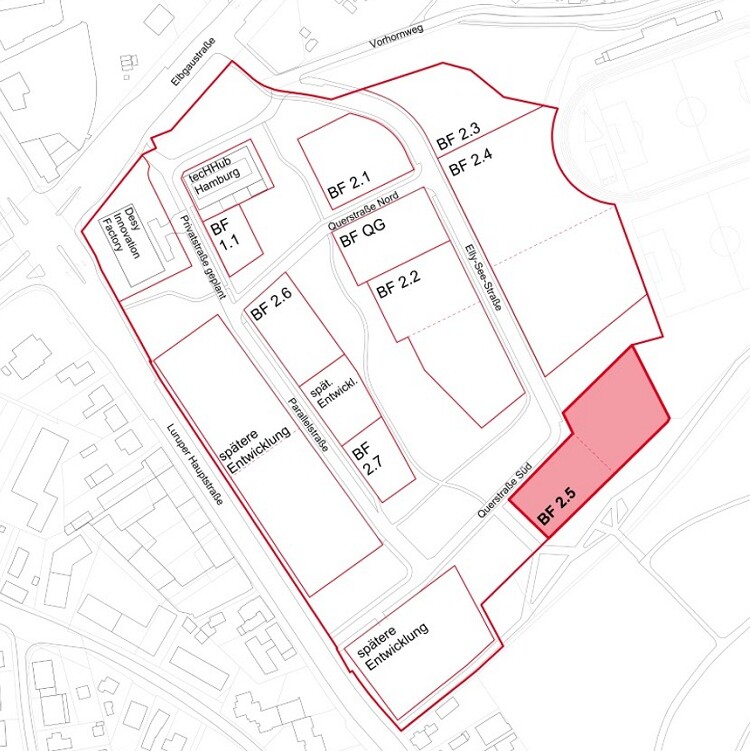Karte mit den verschiedenen Baufeldern im Innovationspark Altona - Baufeld 2.5 rot hervorgehoben