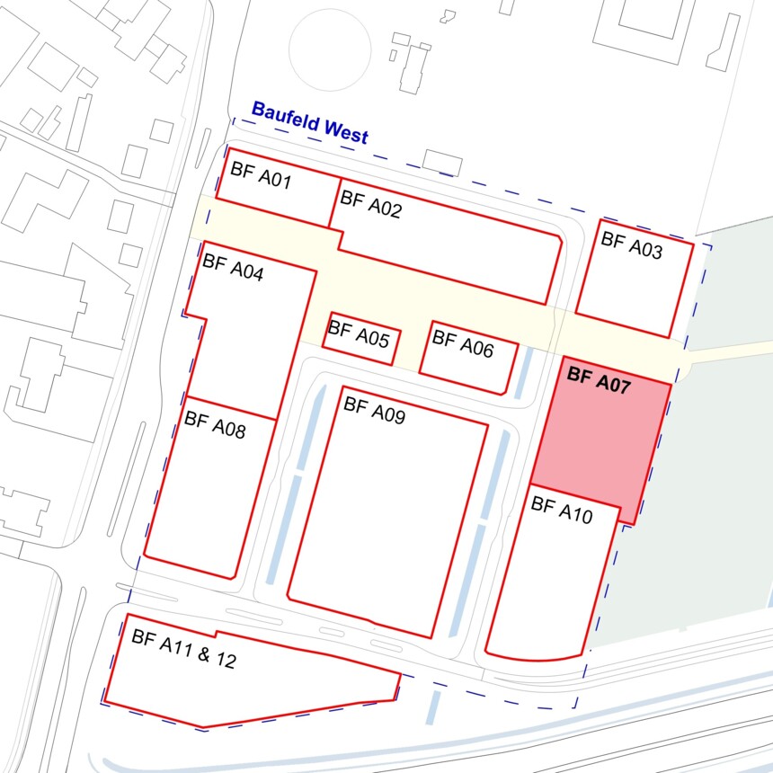 Site plan of the development plots in the Bergedorf Innovation Park – development plot A07 is highlighted in red
