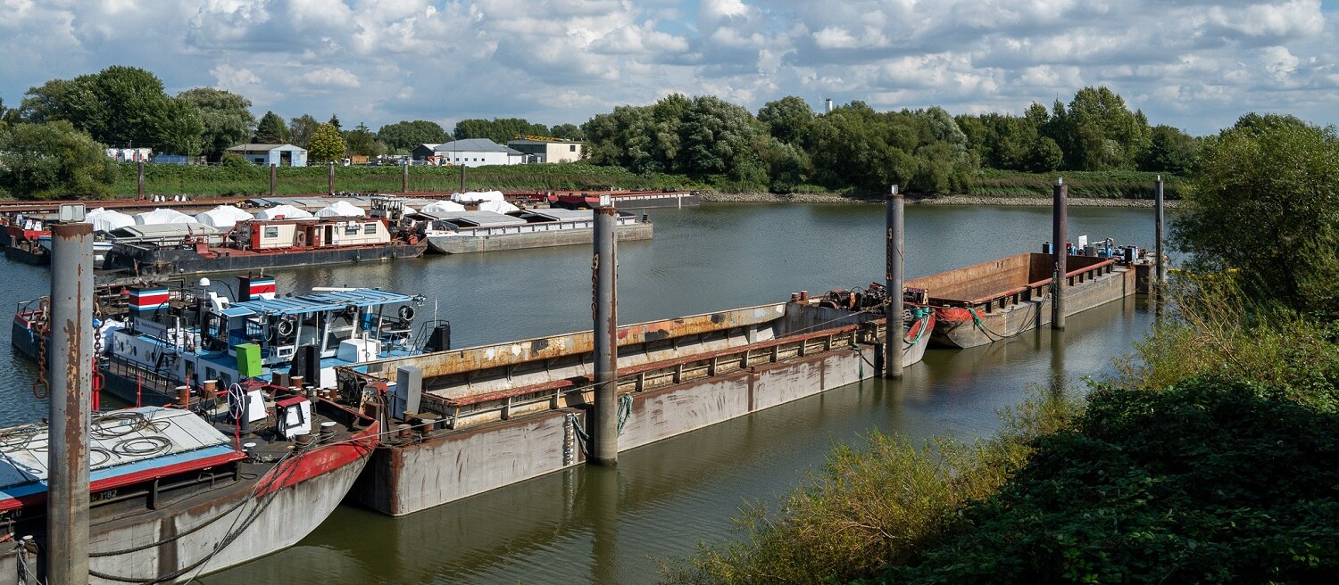 Container boats moored on the green banks of the Peute