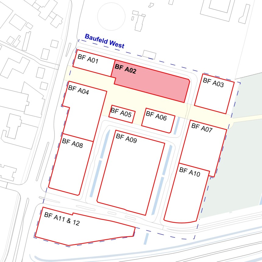 Site plan of the development plots in the Bergedorf Innovation Park – development plot A02 is highlighted in red