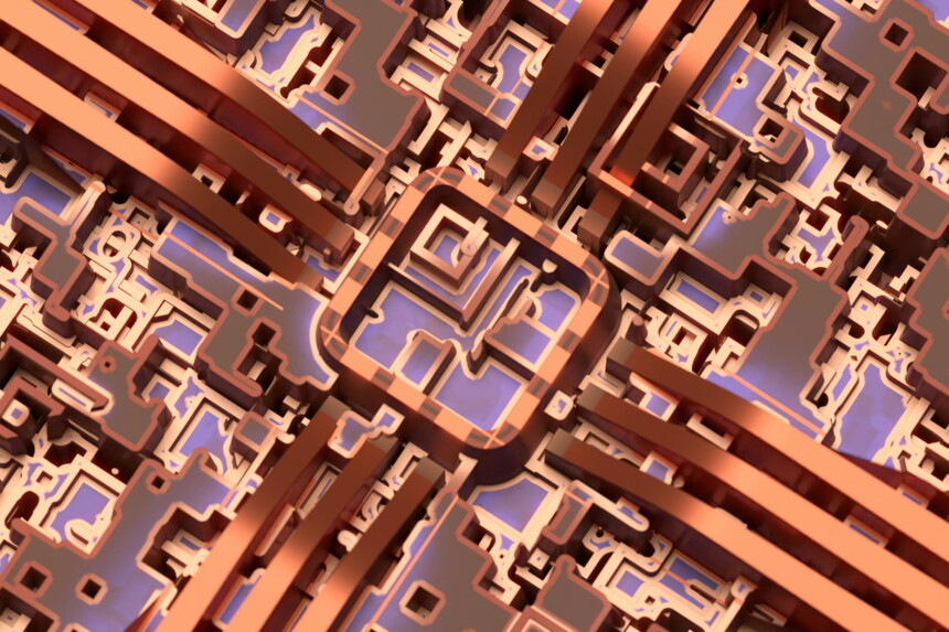 Nahaufnahme eines komplexen, kupferfarbenen Mikrochip-Schaltkreises mit violetten Details.