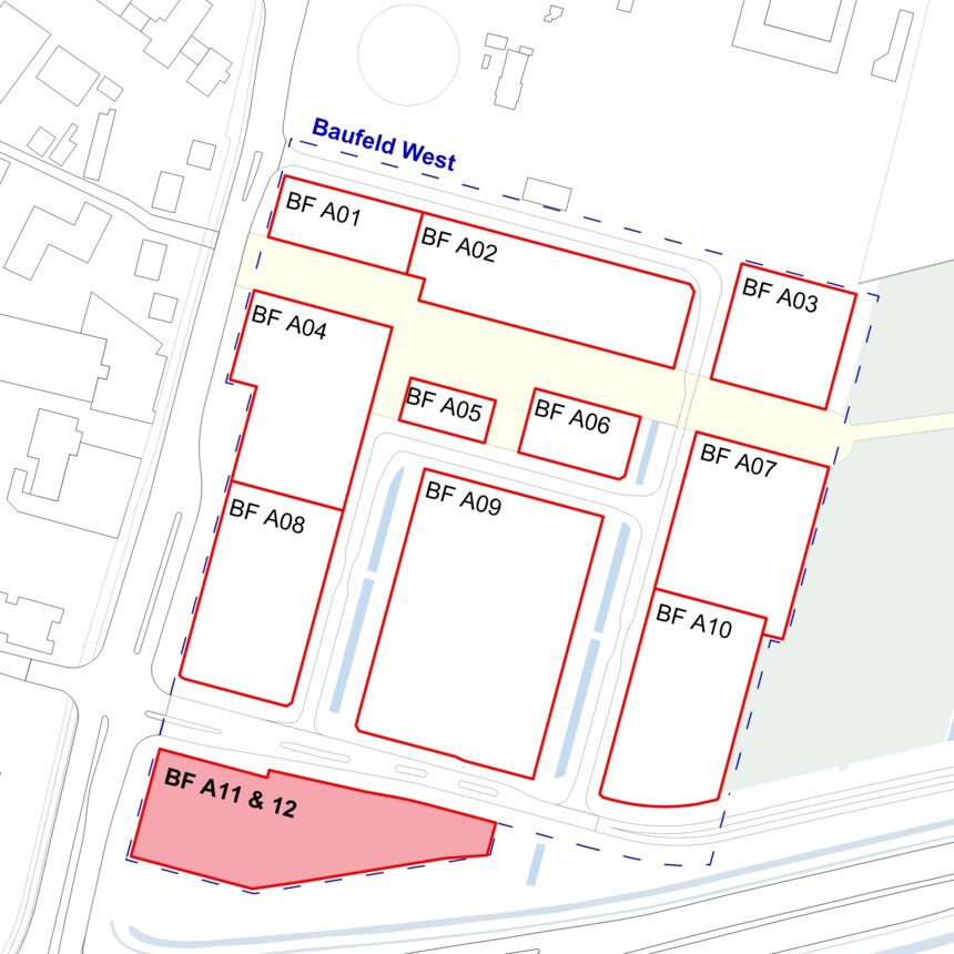 Site plan of the building plots in the Bergedorf Innovation Park – building plots A11 and A12 are highlighted in red