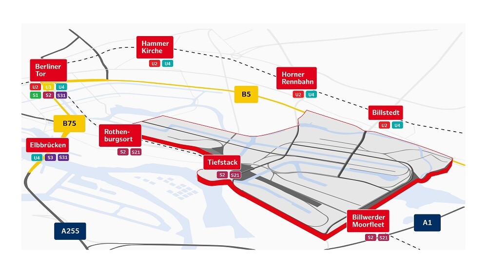 Infografik  zur Verkehrsanbindung des Industriegebiets Billbrook/Rothenburgsort