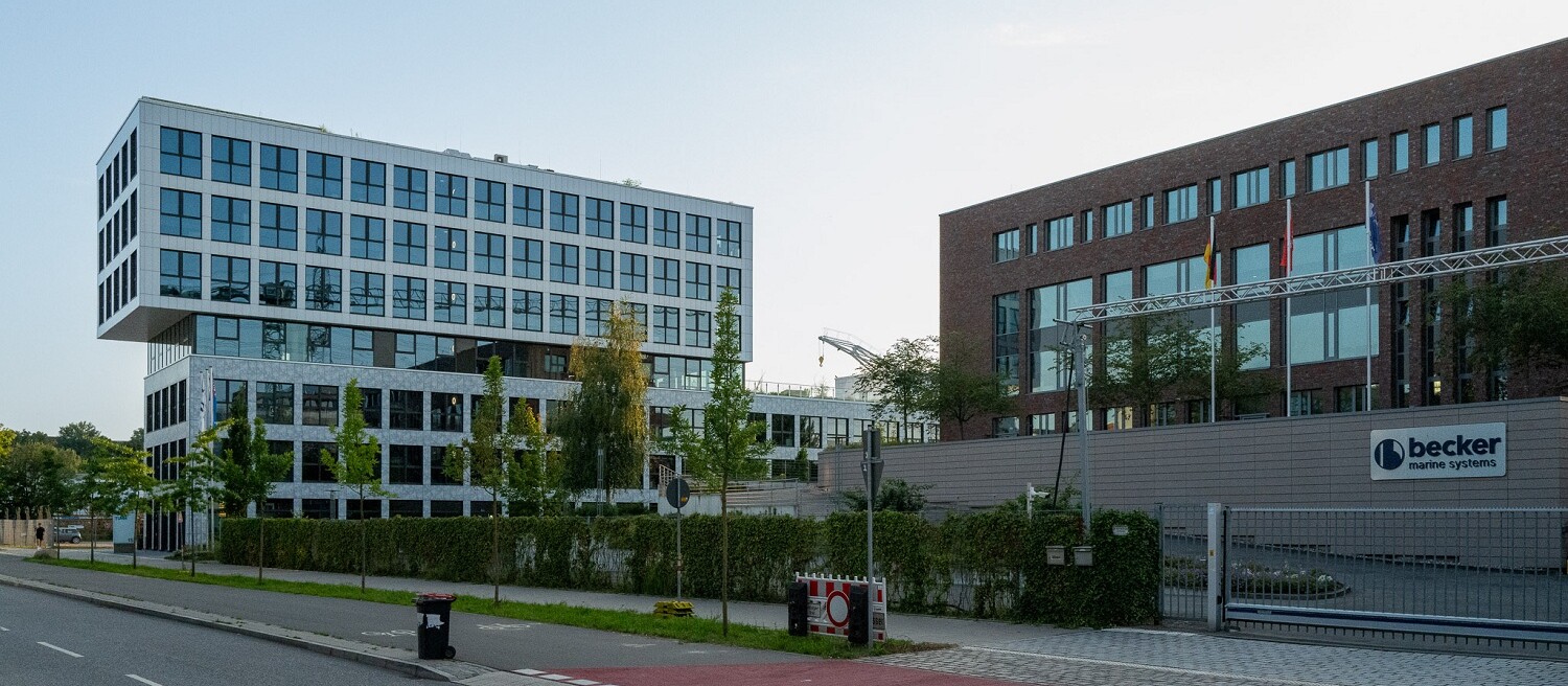 Office building with modern architecture at the Harburg seaport site