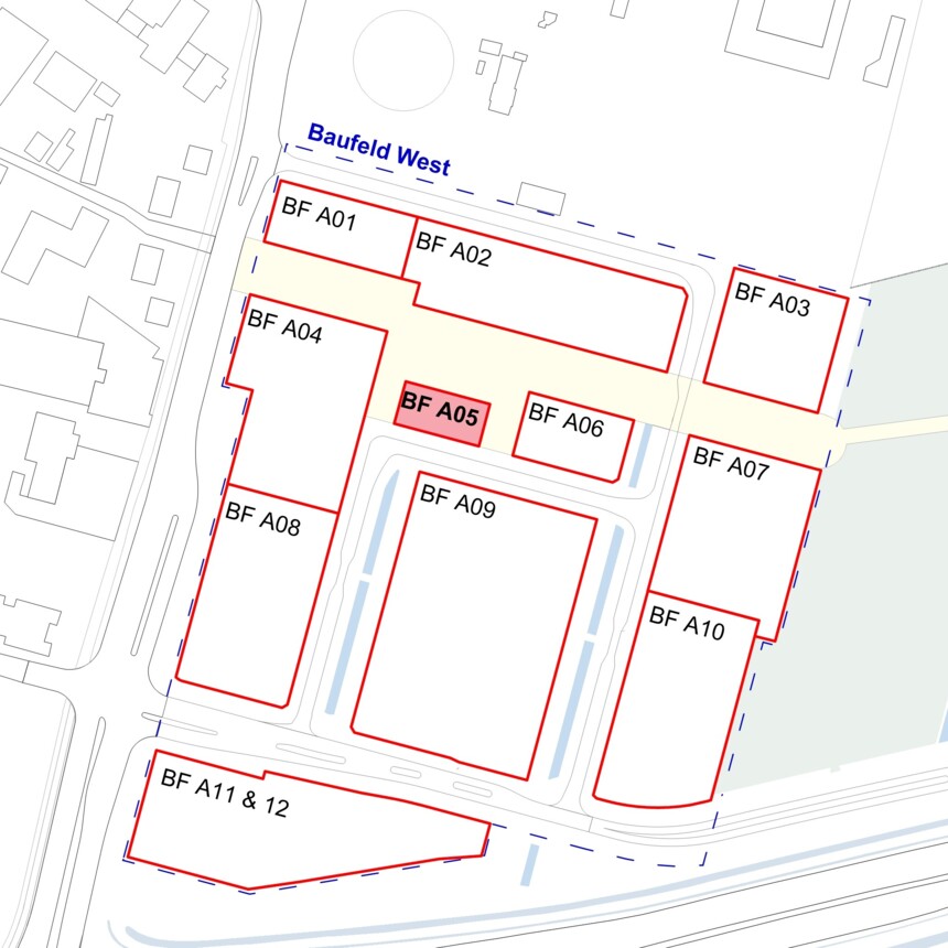 Site plan of the development plots in the Bergedorf Innovation Park – development plot A05 is highlighted in red