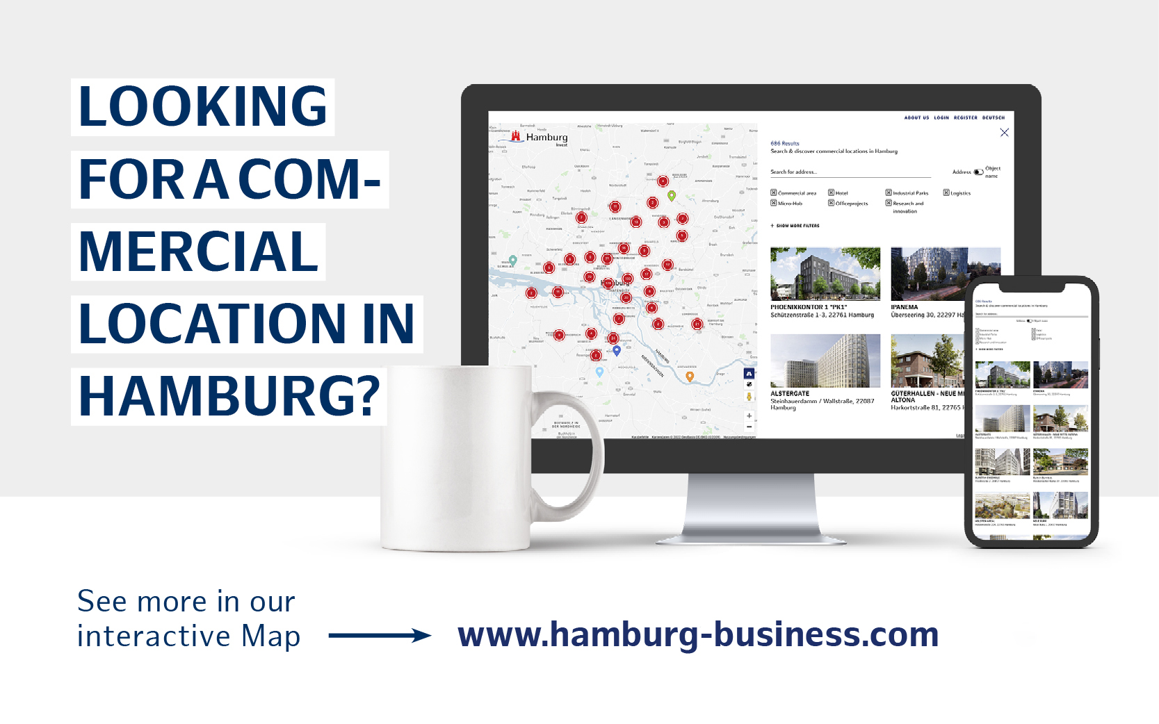 Location map by Hamburg Invest: The interactive map offers an overview of project developments, commercial locations, hotels and commercial areas in the city of Hamburg.