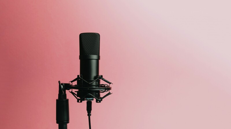 Schwarzes Studio-Mikrofon mit Popschutz vor rosa Hintergrund.