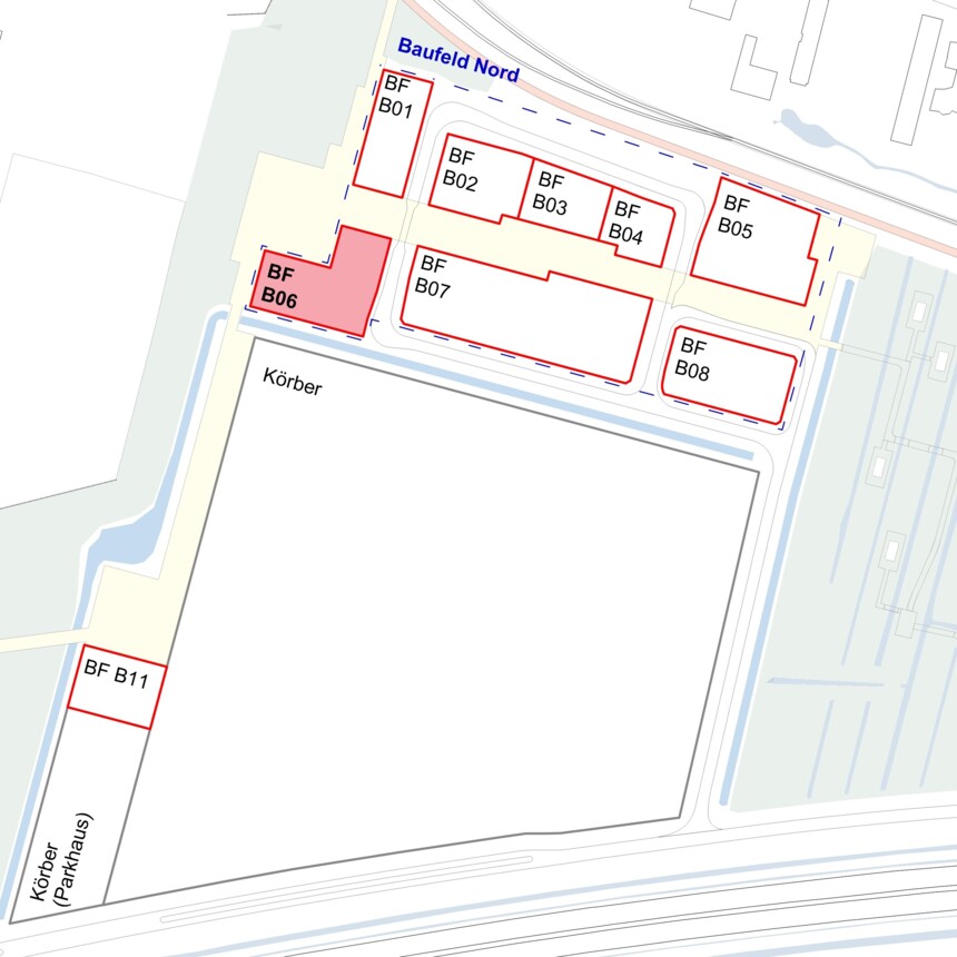 Site plan of the development plots in the Bergedorf Innovation Park – development plot B06 is highlighted in red