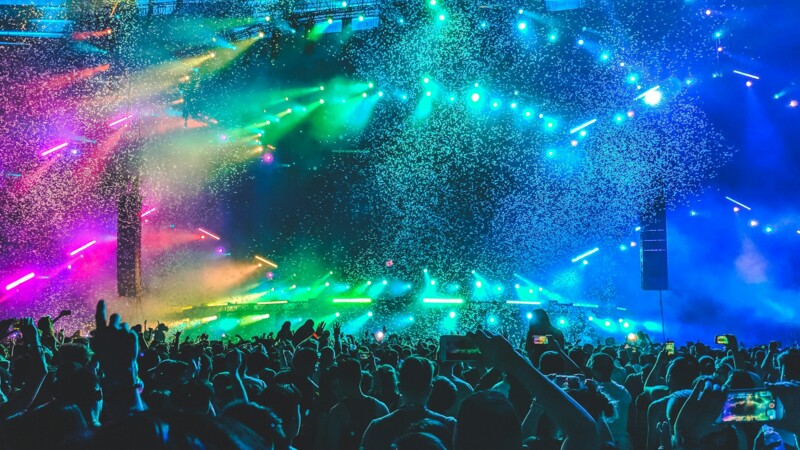 Concert with colorful lights and confetti