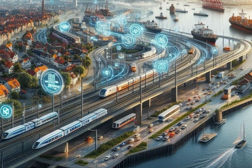 Vernetzter Verkehr mit Zügen, Bussen, Autos und Schiffen an einem Hafen in einer futuristischen Stadt.