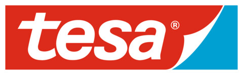 Tesa logo with white text on a red background and a peeled corner revealing a blue underside.