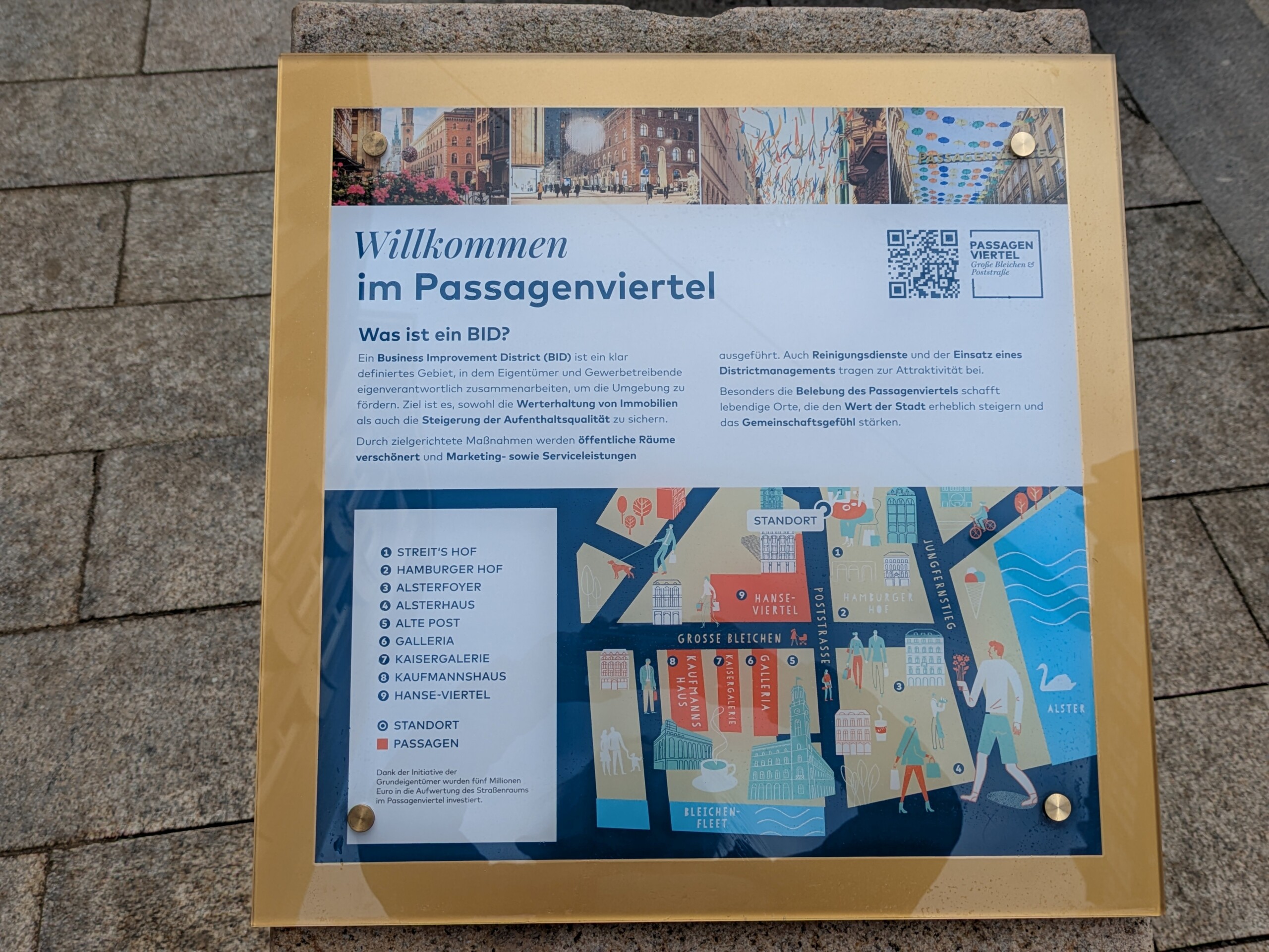 Informationsschild mit Karte und Erklärung zum Passagenviertel und Business Improvement District in Hamburg.