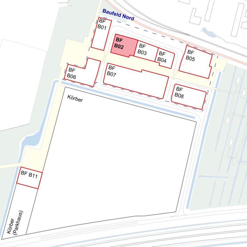 Site plan of the building plots in the Bergedorf Innovation Park – building plot B02 is highlighted in red