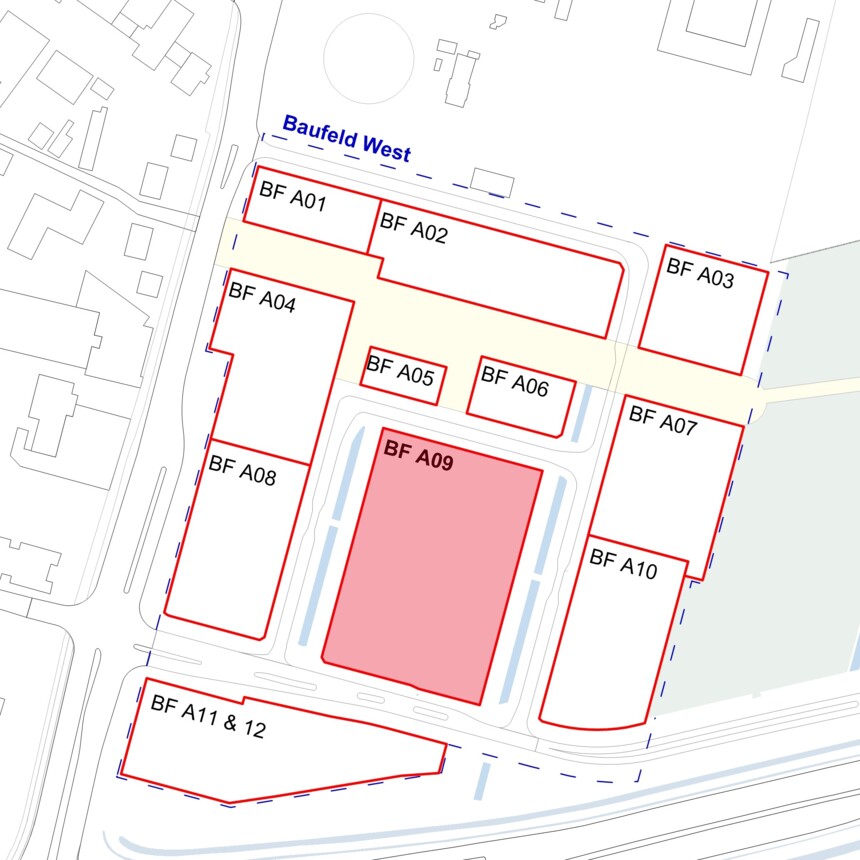 Site plan of the building plots in the Bergedorf Innovation Park – building plot A09 is highlighted in red