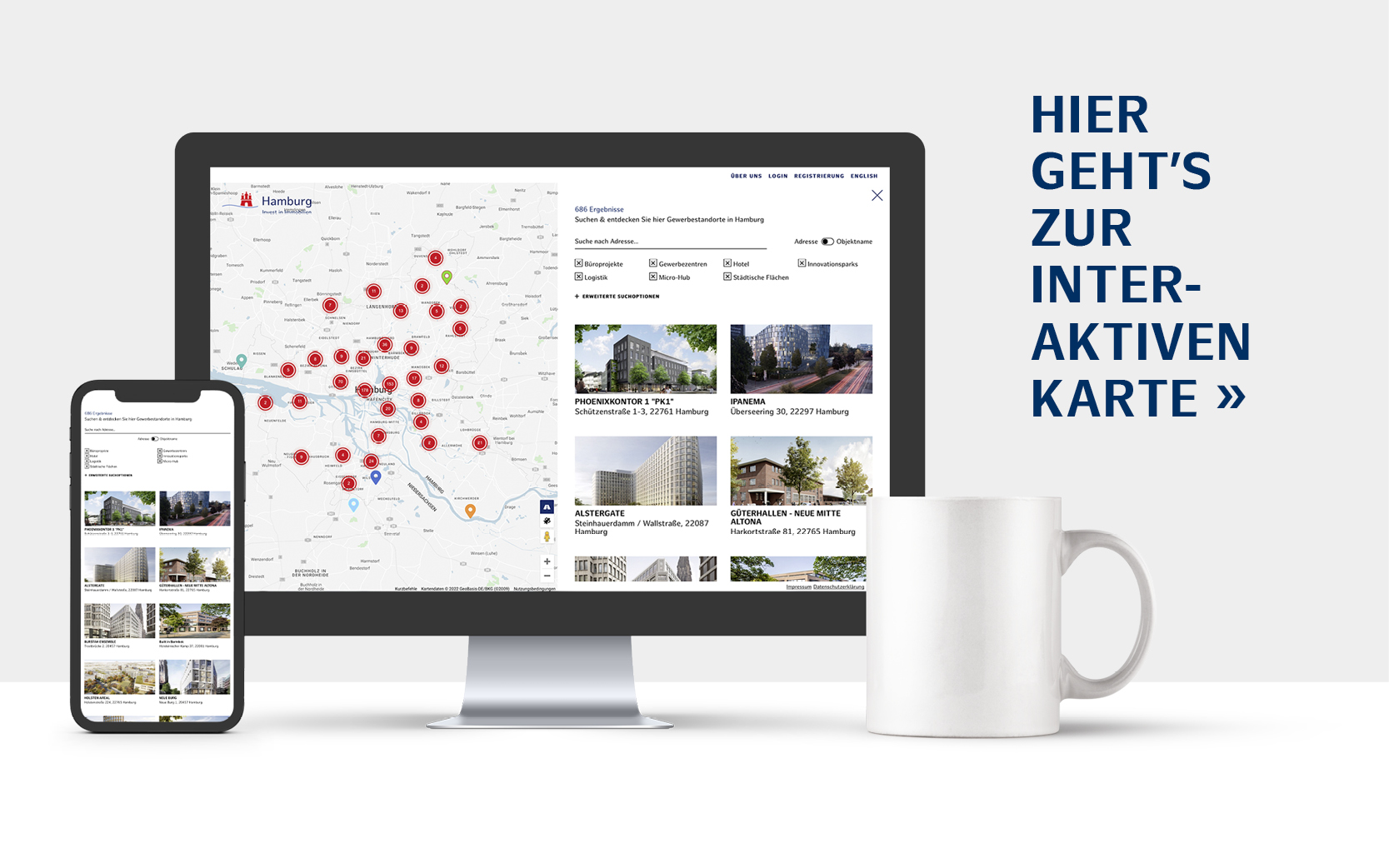 Interaktive Standortkarte zur Suche von Gewerbeimmobilien von Hamburg Invest Immobilien