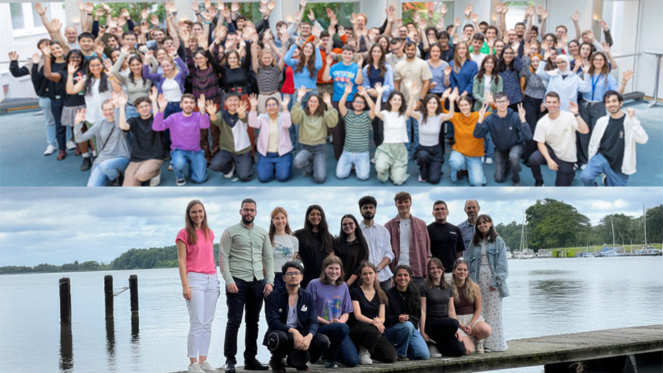 Die Desy-Sommerstudierenden: Zwei Gruppenfotos von jungen Erwachsenen, oben in einem Innenraum, unten am Wasser mit Booten im Hintergrund.