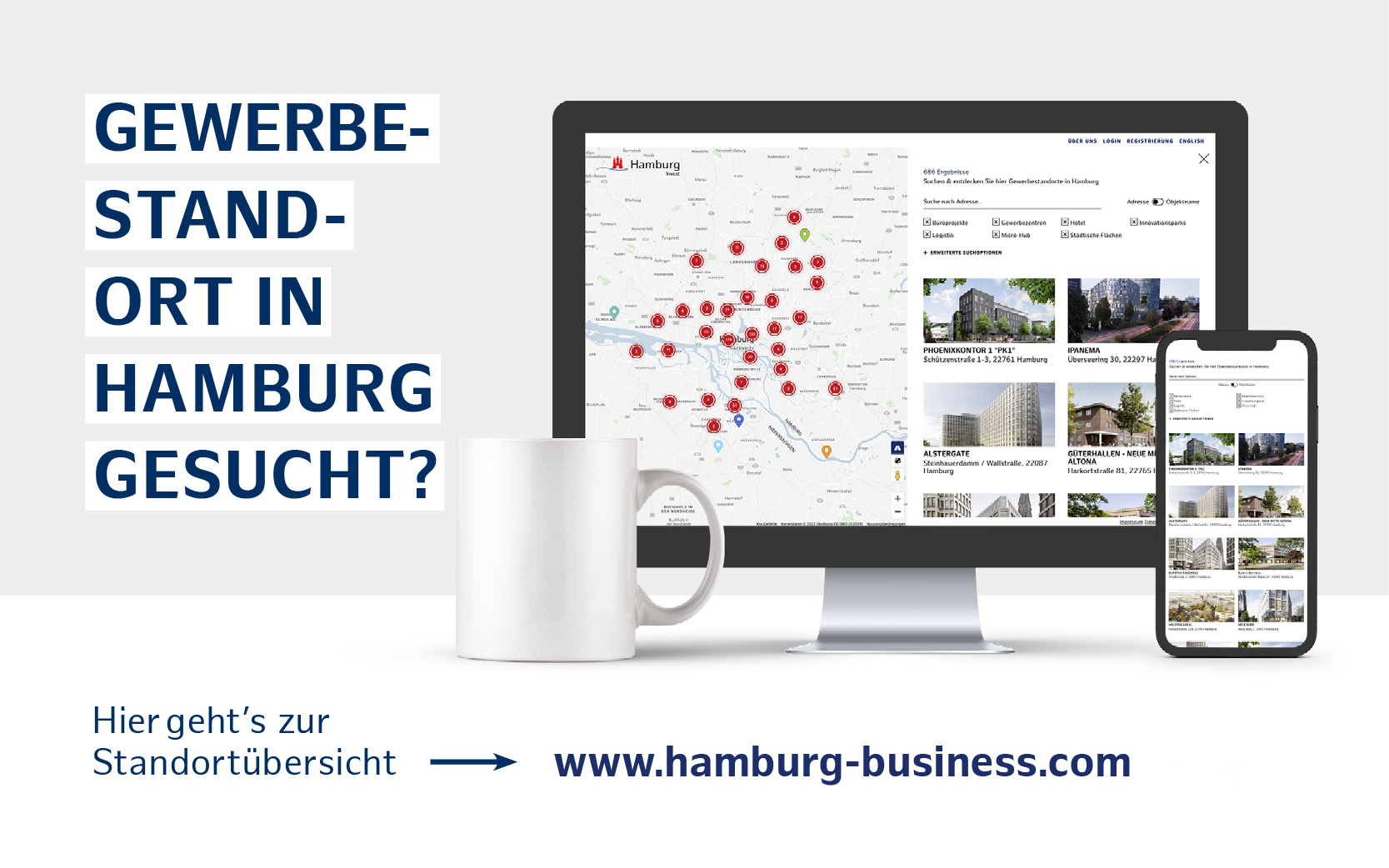Standortkarte der Gewerbeimmobilien und Grundstücke von Hamburg Invest Immobilien