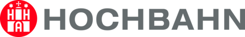 HOCHBAHN logo with a red circular emblem featuring white stylised buildings and stars, and grey text on white background.