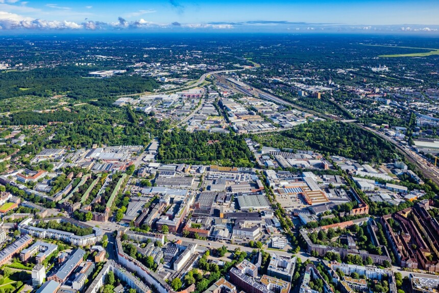 Aerial view of the Bornkampsweg/Ruhrstraße industrial area