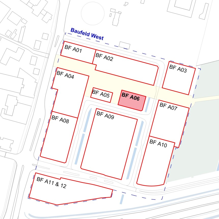 Site plan of the development plots in the Bergedorf Innovation Park – Development Plot A06 is highlighted in red