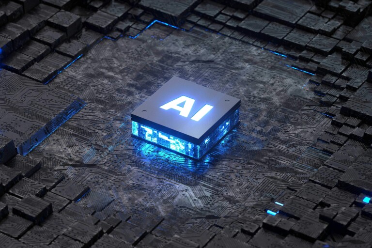 Leuchtender AI-Chip auf einer komplexen, schwarzen Leiterplatte mit blauen Lichtakzenten.
