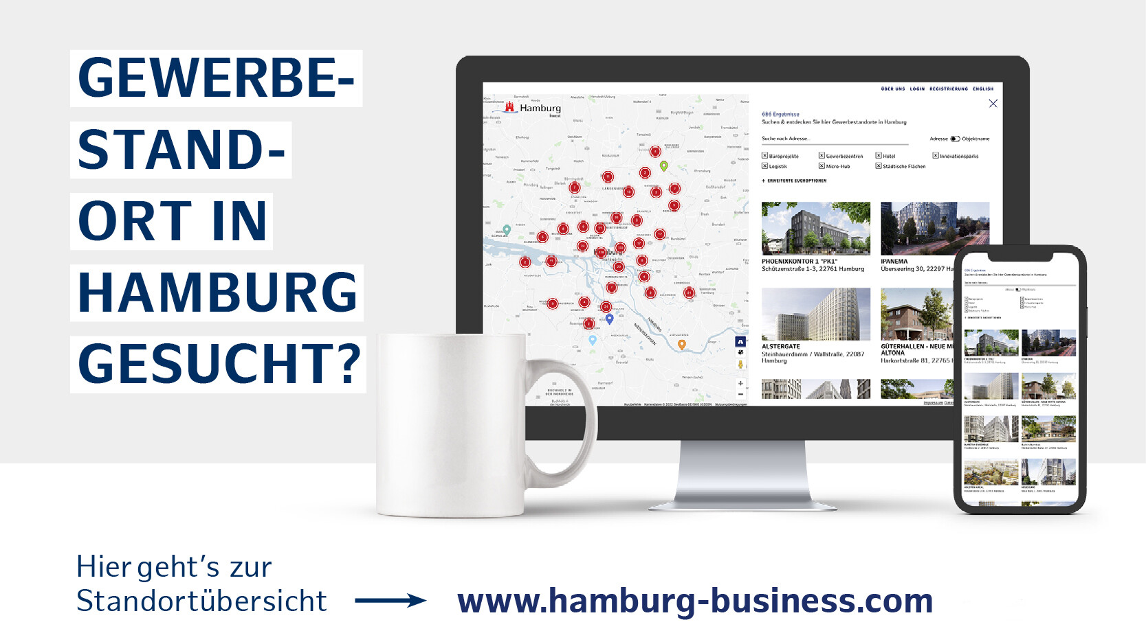 Standortkarte der Gewerbeimmobilien und Grundstücke von Hamburg Invest