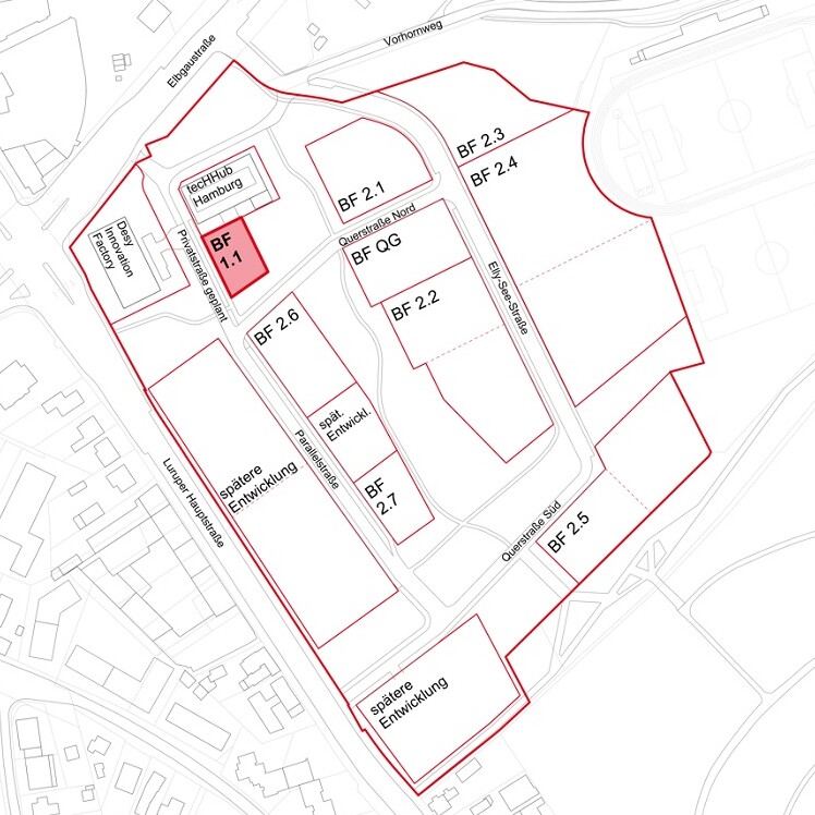 Karte mit den verschiedenen Baufeldern im Innovationspark Altona - Baufeld 1.1 rot hervorgehoben