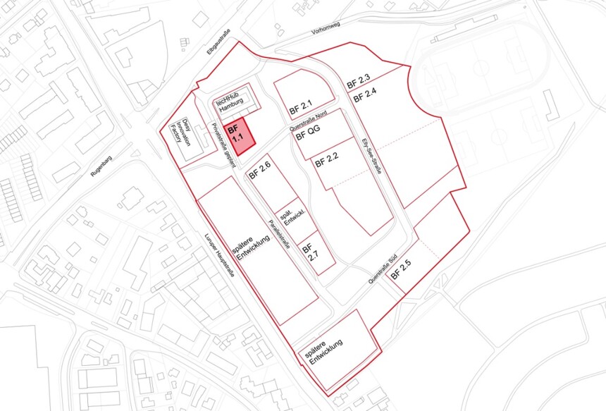 Site plan of the construction sites in the Altona Innovation Park - construction site 1.1 is highlighted in red