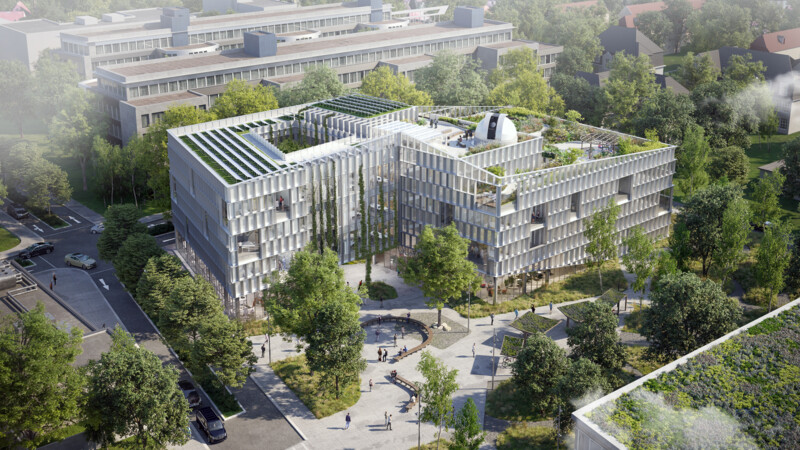 Visualisierung des Hafun-Komplexes: Ein modernes Bürogebäude mit begrüntem Dach, umgeben von Bäumen und einem öffentlichen Platz mit Sitzgelegenheiten.