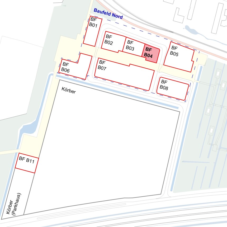Site plan of the development plots in the Bergedorf Innovation Park – development plot B04 is highlighted in red