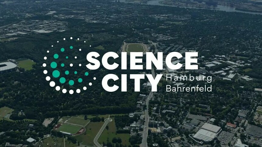 Die Science City Bahrenfeld in Hamburg von oben - inklusive Logo
