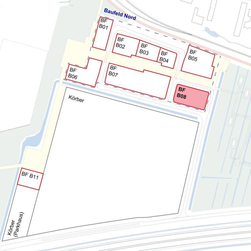 Site plan of the building plots in the Bergedorf Innovation Park – building plot B08 is highlighted in red