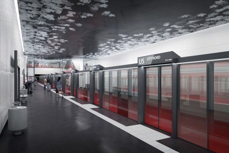 Visualisierung: Moderner U-Bahnsteig der Linie U5 mit Glas-Sicherheitswänden und stilisierter Deckenbeleuchtung.