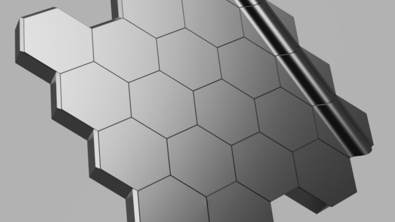 3D image of a hexagonal grid with an elongated, cylindrical object 
