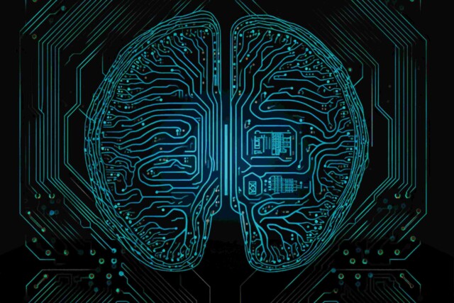 Digitales Gehirn aus leuchtenden Leiterbahnen auf schwarzem Hintergrund, symbolisiert künstliche Intelligenz.