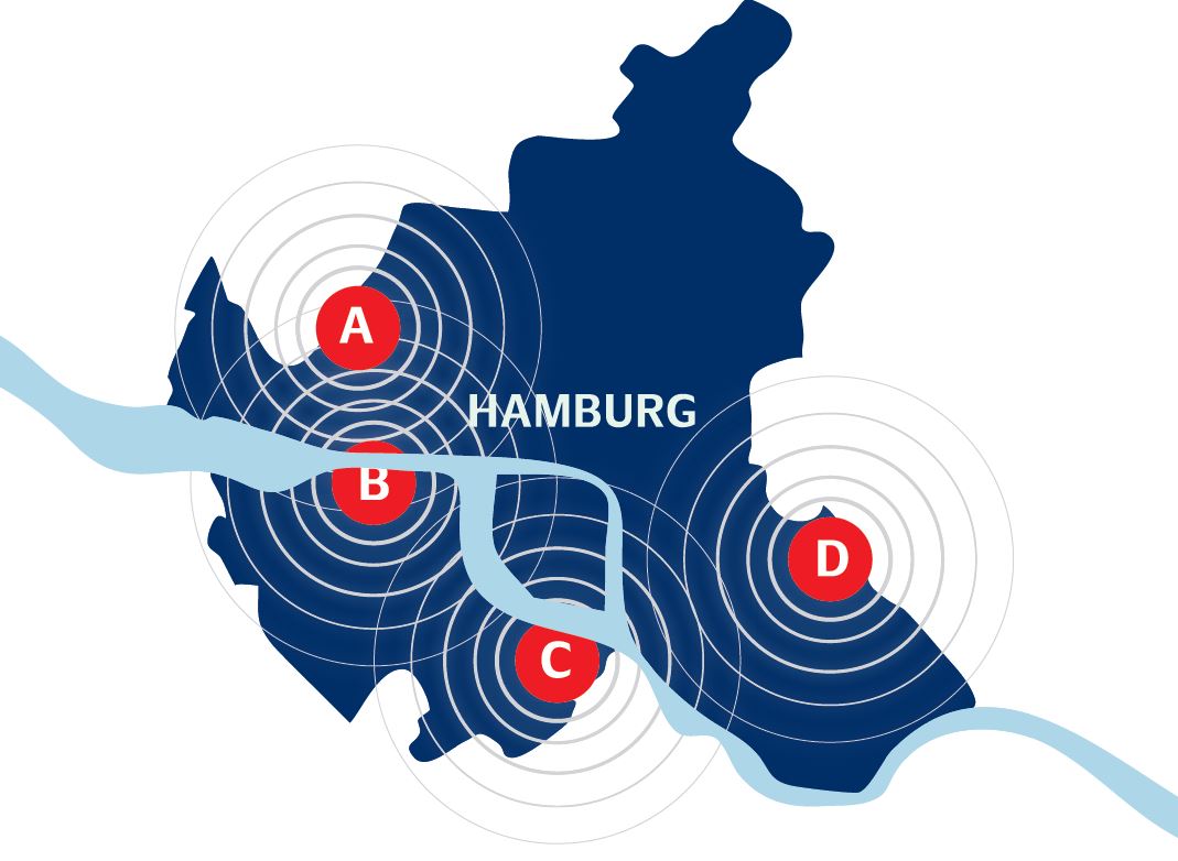  Locations of the Hamburg Innovation Parks: A = Altona, B = Finkenwerder, C = Harburg, D = Bergedorf