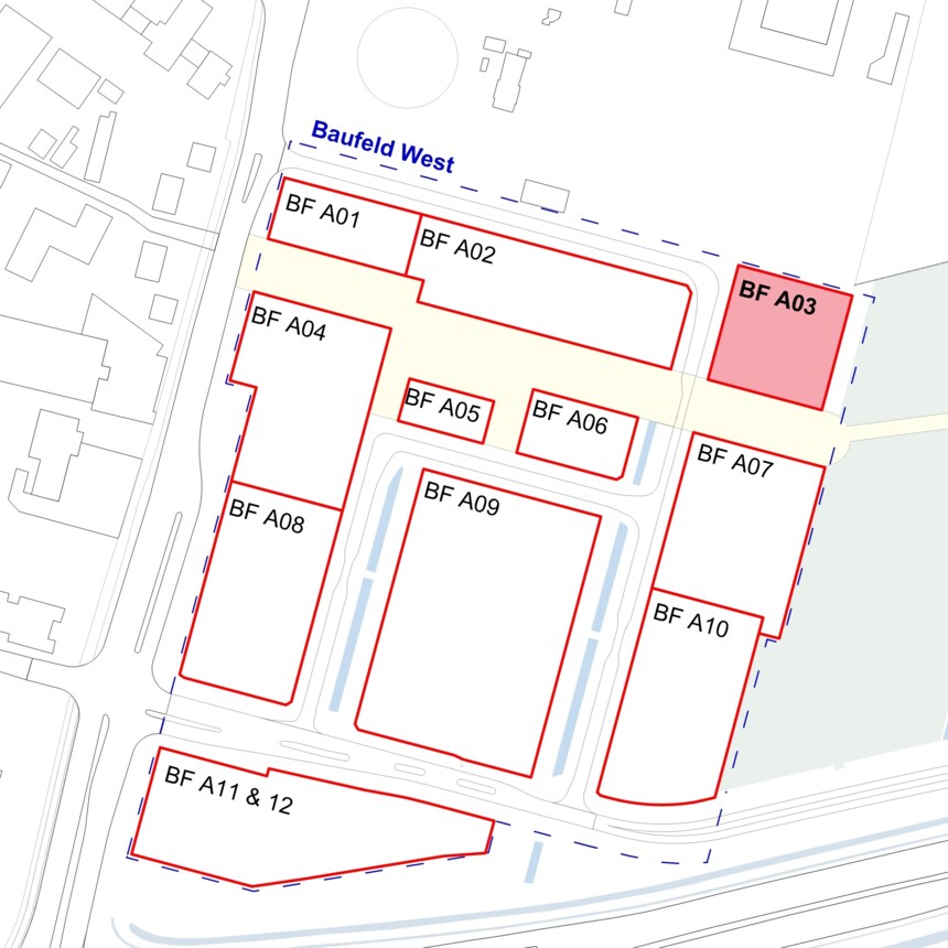 Site plan of the development plots in the Bergedorf Innovation Park – Development Plot A03 is highlighted in red