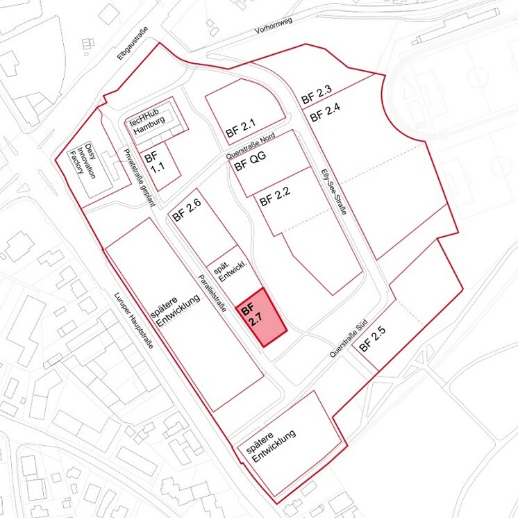 Karte mit den verschiedenen Baufeldern im Innovationspark Altona - Baufeld 2.7 rot hervorgehoben