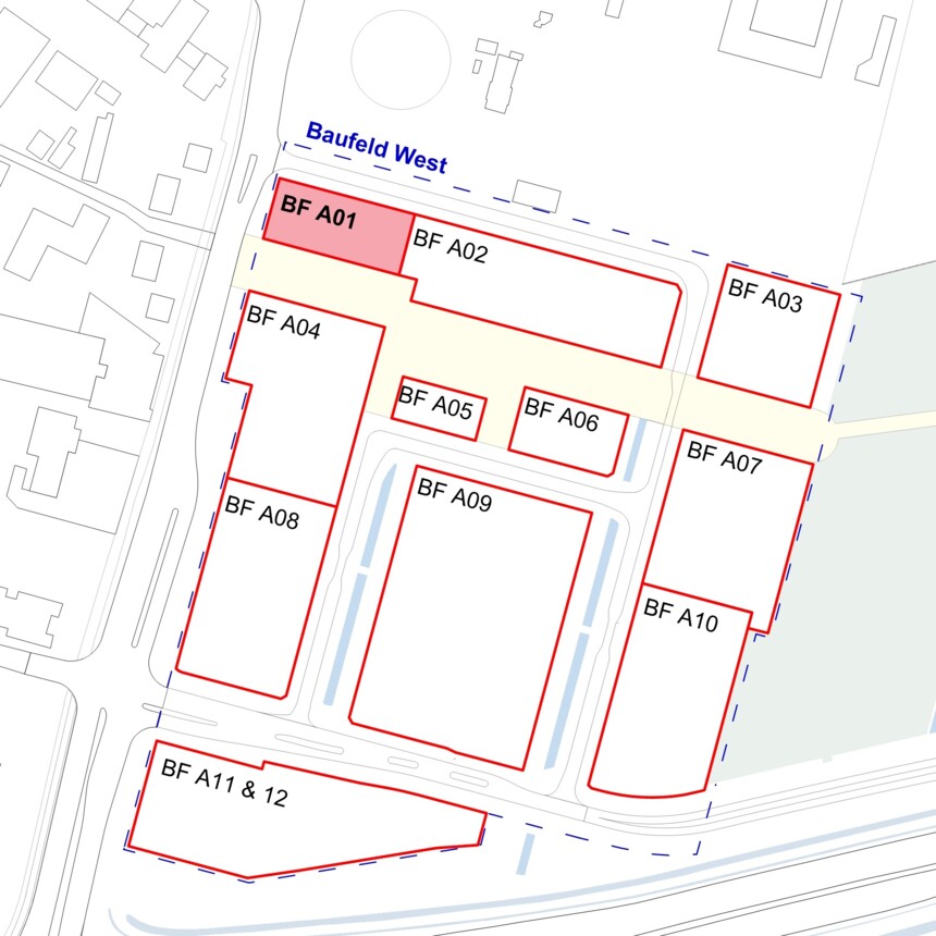 Site plan of the development plots in the Bergedorf Innovation Park – development plot A01 is highlighted in red