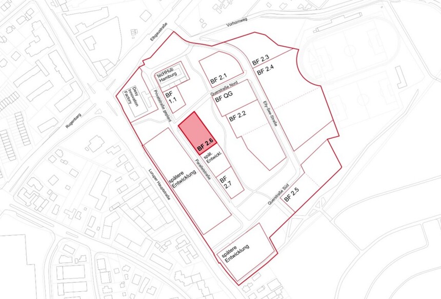 Site plan of the construction sites in the Altona Innovation Park - construction site 2.6 is highlighted in red