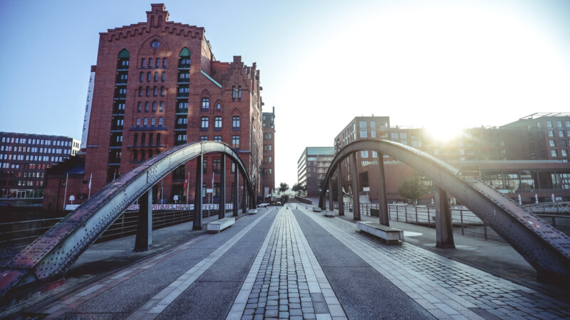 Bridge in Hafencity, in the background the international maritime museum hamburg