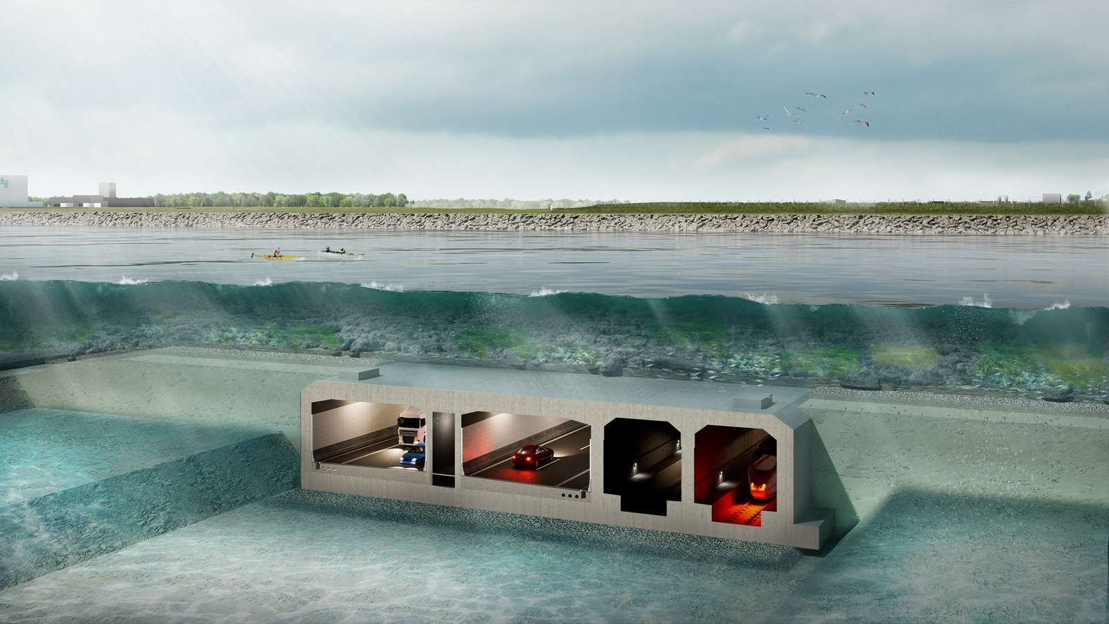 Querschnitt des Fehmarnbelttunnels Querschnitt eines Unterwassertunnels mit Straßen- und Bahngleisen