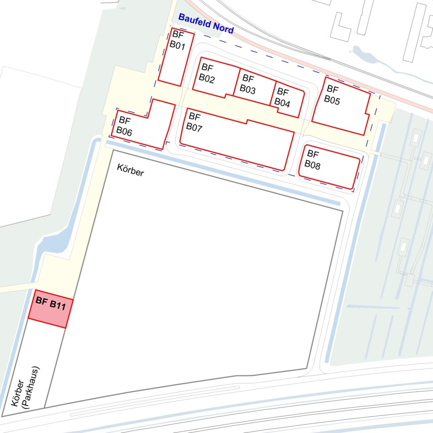 Site plan of the development plots in the Bergedorf Innovation Park – development plot B11 is highlighted in red